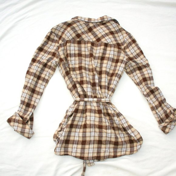 🍁CARAMEL PLAID BUTTON DOWN SHIRT SOFT FLANNEL LADIES JUNIORS XL TOP WAIST TIE - Picture 8 of 13